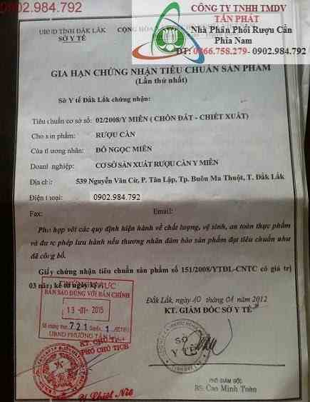 chứng nhận tiêu chuẩn sản phẩm rượu cần y tây nguyên